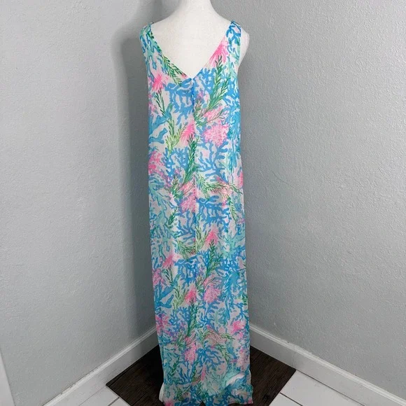 Lilly Pulitzer Lani Blue Pink Coral Metallic Maxi Dress Womens Medium - Picture 6 of 10